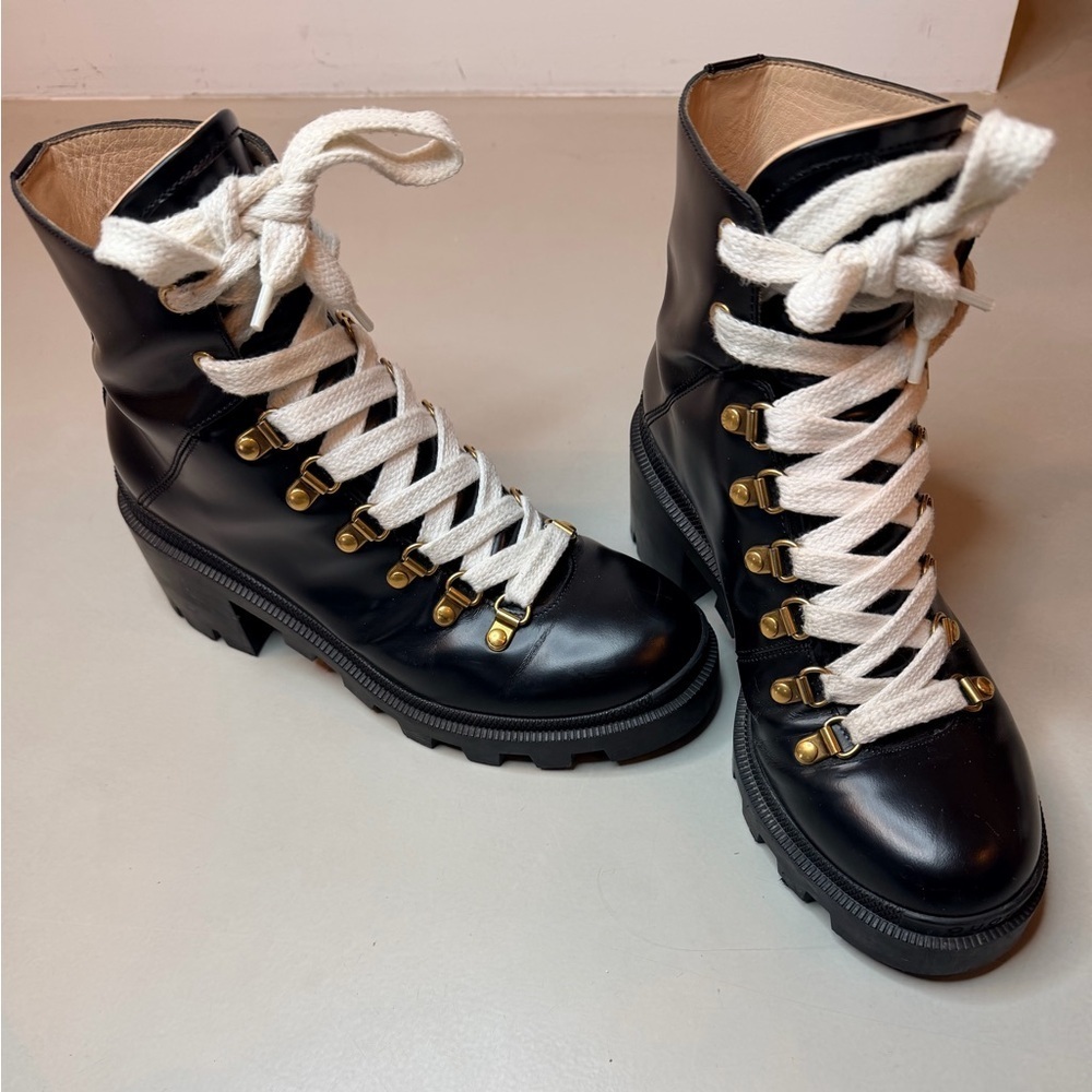 Gucci Black Leather Combat Ankle Boots | White Laces | Gold Accents | Size 7 - Picture 4 of 17